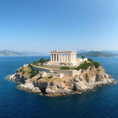 Primary subject: Ancient Greek temple on a rock island.

Setting/background: The island is surrounded by water, and there are mountains in the distance.

Visual style: The image is a photo of the ancient Greek temple.

Colors and mood: The image has a blue and white color scheme, giving it a serene and peaceful atmosphere.